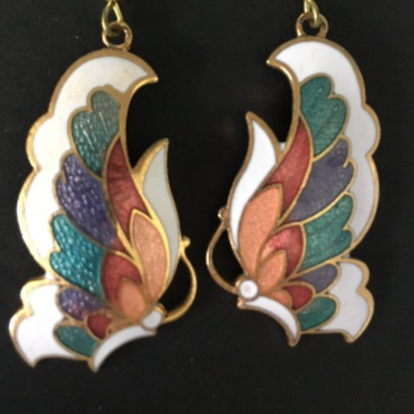 CLOISSONE BUTTERFLY WINGS EARRINGS FOR PIERCED EARS, DANGLE, BRIGHTLY COLOURED - Picture 5 of 6